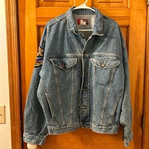 Jordache America jeans jacket w/ buttons/pockets. Harley Davidson patches, Large